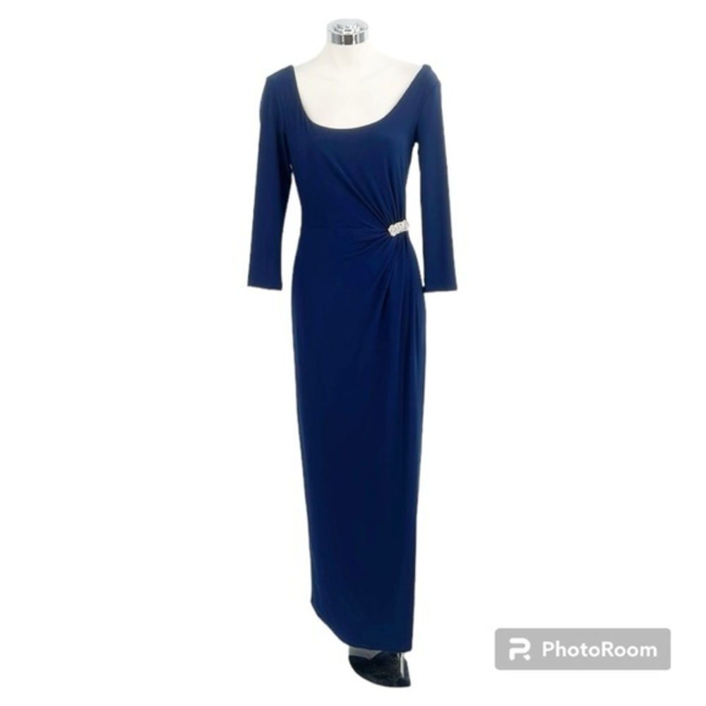 Ralph Lauren Evening Scoop Neck Evening Gown Ruched Side Brooch Navy Blue size 4